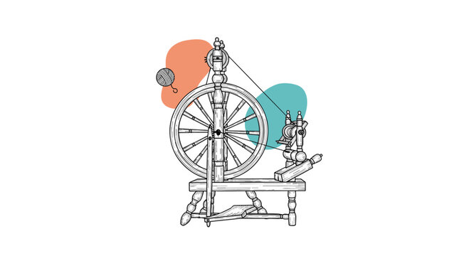 A classic hand-drawn illustration of an antique wooden spinning wheel used for making yarn, with abstract color shapes behind. Traditional craft and textile production.