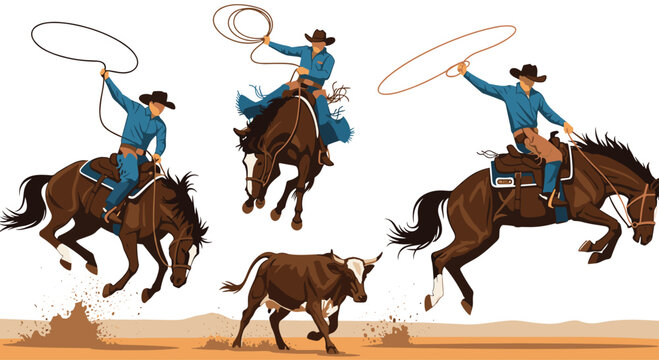 A dynamic set of illustrations showing a cowboy in action at a rodeo, riding a horse and using a lasso to rope a calf. Western culture and equestrian sports.