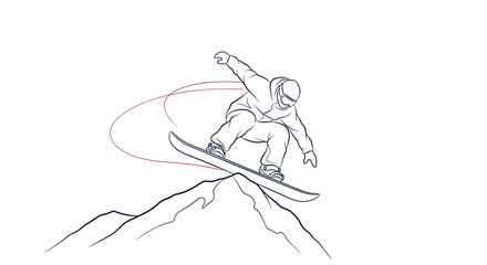 Fototapeta premium A continuous line drawing of an expert snowboarder in mid-air executing a trick after jumping from a snowy mountain peak, conveying motion and extreme winter sports.