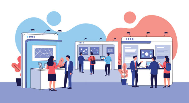 Visitors and presenters interacting at a modern technology exhibition, exploring various interactive booths and digital displays at a busy trade show or business conference.