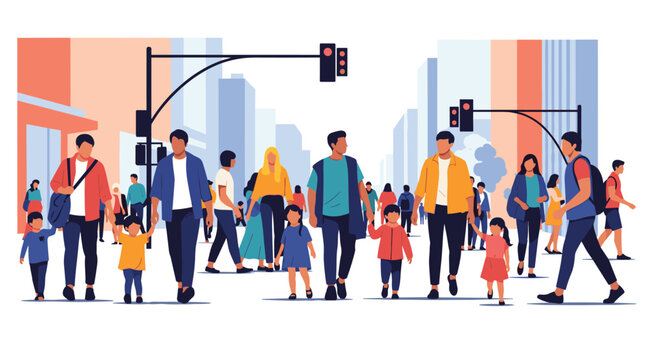 A diverse crowd of multicultural pedestrians, including families with young children, walking across a busy city street on a crosswalk with a modern cityscape behind them.