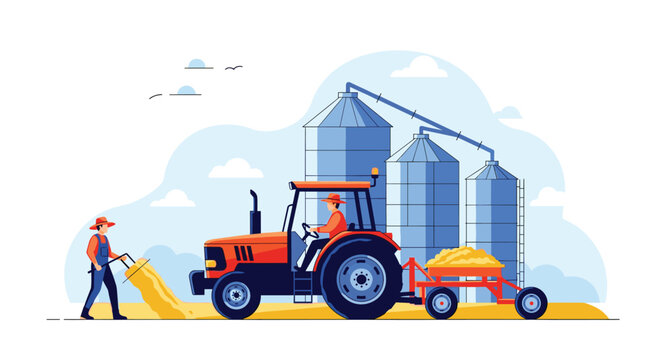 Agricultural scene of two farmers working at harvest time, with one driving a tractor and another shoveling grain in front of modern steel storage silos.