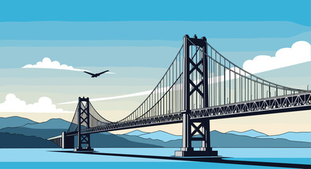 Fototapeta premium A scenic illustration of a large suspension bridge, similar to the San Francisco-Oakland Bay Bridge, with mountains and a bird in the background.