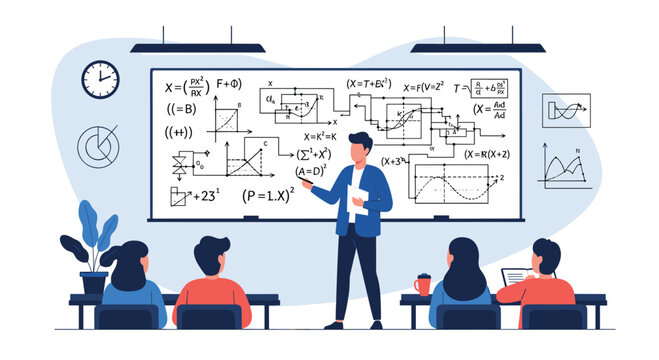 A professor teaching a complex mathematics or physics lesson to a class of students, pointing at a large whiteboard filled with formulas and diagrams.