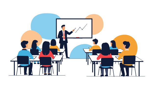 A male professor in a suit giving a presentation with a rising graph on a whiteboard to an engaged class of adult students.