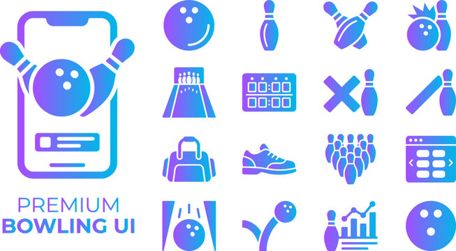 Premium bowling ui icons in gradient colors set on white background.