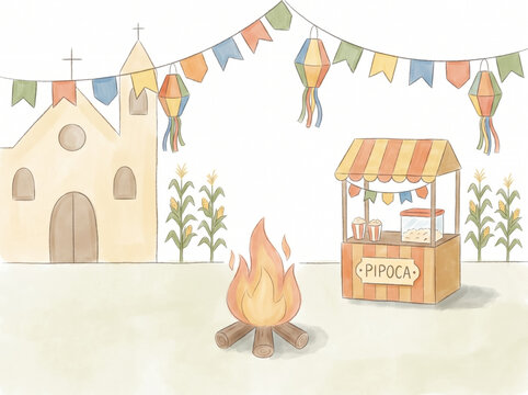 Charming Digital Painting of a Church and Popcorn Booth