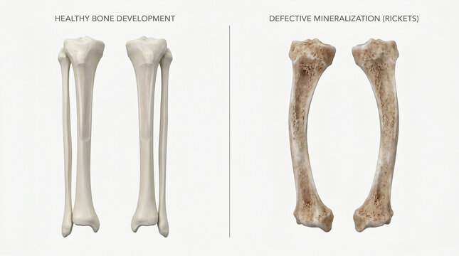 Healthy Bone Development vs Defective Mineralization Rickets Pathology