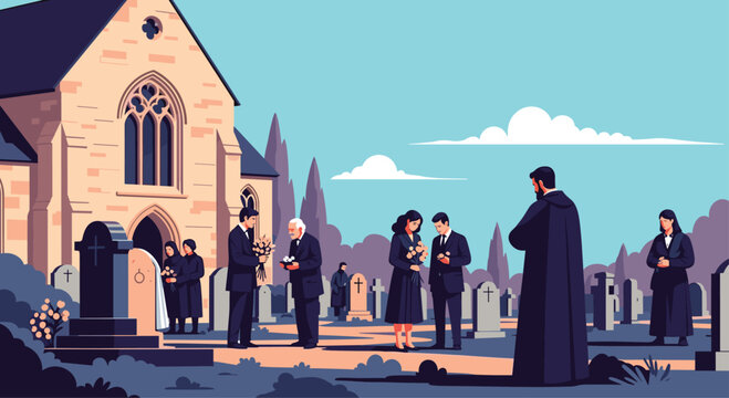Mourners dressed in black attending a solemn funeral service in a cemetery, offering condolences outside a historic church.