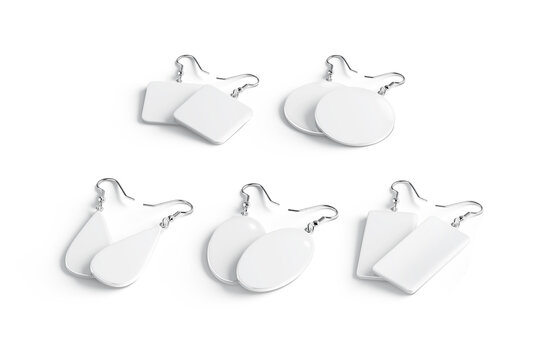 Blank white pair earring mockup stack lying, different shapes, 3d rendering. Empty rectangle, square, round, ellipse jewels ears accessory mock up, isolated. Clear retro ear spike dangle template.