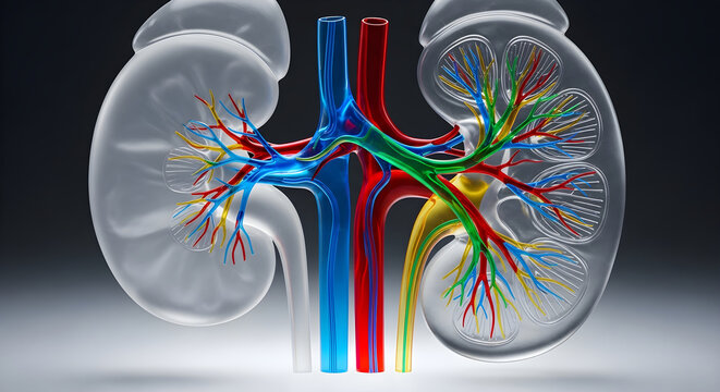 Conceptual human kidneys model with colorful vascular networks inside glass shells system.