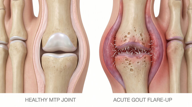 Healthy Metatarsophalangeal Joint vs Acute Gout Flare-up Crystals