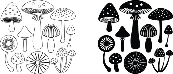 Black and white outline and silhouette of various mushroom types fungi collection set. © pankajkumar