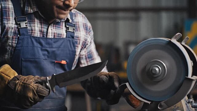 A worker sharpens a large knife on a bench grinder creating bright sparks. Focused industrial atmosphere showing craftsmanship and safety. Perfect for manufacturing and tool repair content.