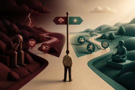 Business decision crossroads with split path toward risk or opportunity and a leader choosing direction