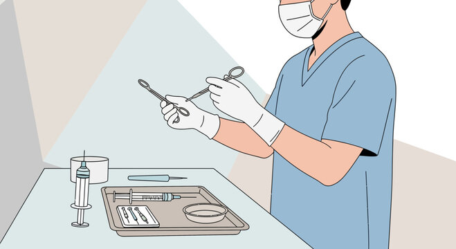 Procedure preparation by surgeon with tools and syringe