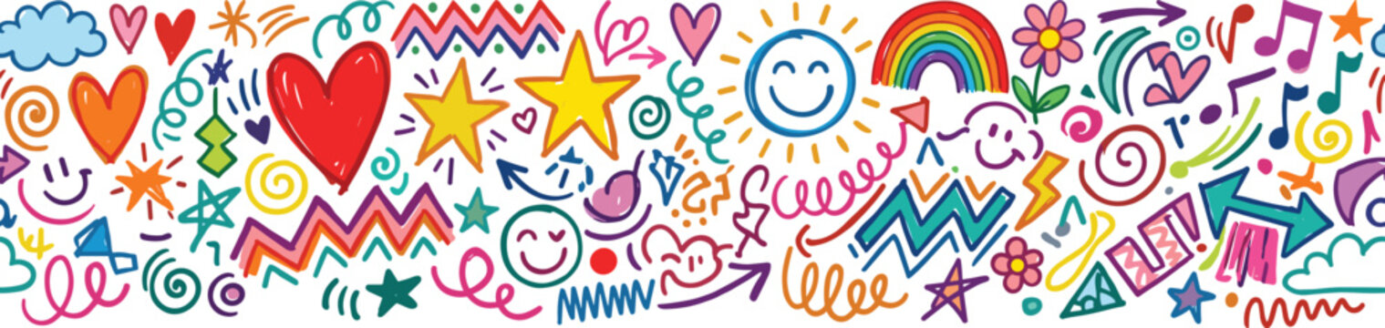 Colorful doodle border with hearts, stars, and smiley faces, illustration