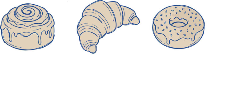 Croissant, donut, and cinnamon roll illustration, nobody, line art, bakery