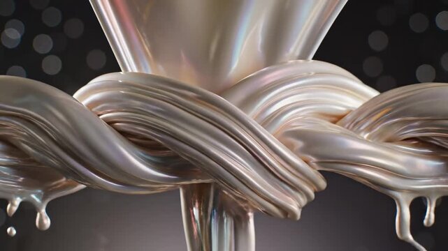 Captivating luminous pearl strands intertwine and flow downward, creating a dynamic visual texture with shimmering highlights and subtle bokeh effects in the diffused ambient illumination that