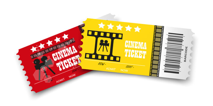 Cinema Ticket Set with Retro Movie Passes Barcode Film Strip Event Admission Coupons Isolated on Transparent Background