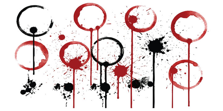 Set of red wine and black ink coffee cup ring stains with messy drips and splatters