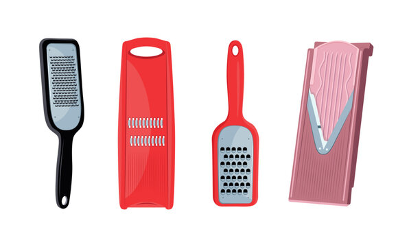 Vector illustration of various metal food graters and a vegetable mandoline slicer. Kitchen shredding tools isolated on white background.