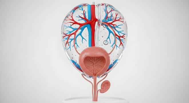 Medical illustration featuring 3d glass human urinary bladder and urethra cross section.