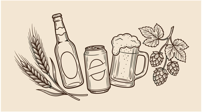 Beer bottles and glasses with hops and wheat illustration