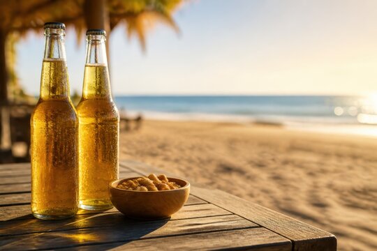 砂浜のテーブルに置かれた冷えたビール