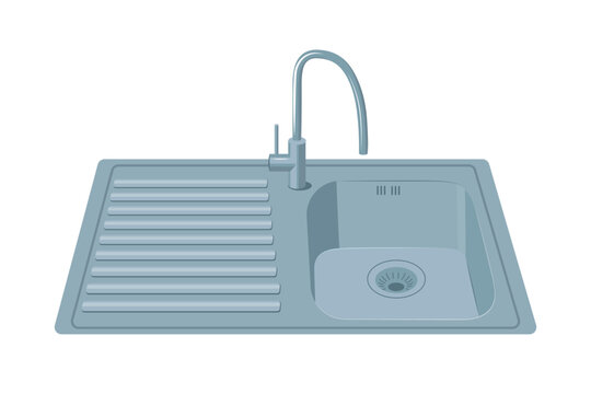 Vector illustration of a modern gray metallic kitchen sink. Stainless steel single bowl basin with a drainer board and high faucet isolated on a white background.