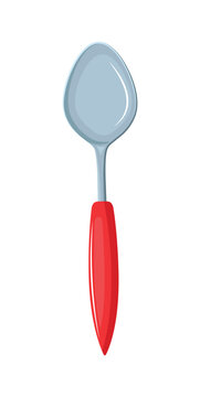 Cartoon vector illustration of a metallic tablespoon or soup spoon with a bright red plastic handle. Isolated cutlery item.