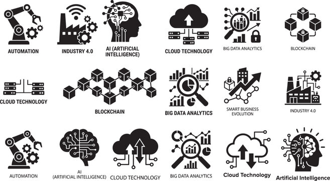 Digital transformation and innovation icon set featuring automation, industry 4.0, AI, cloud technology, blockchain, big data analytics, and smart business evolution symbols.