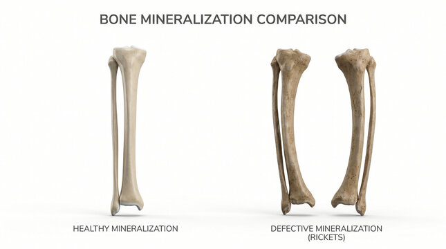 Healthy Bone and Defective Mineralization Rickets 3D Illustration