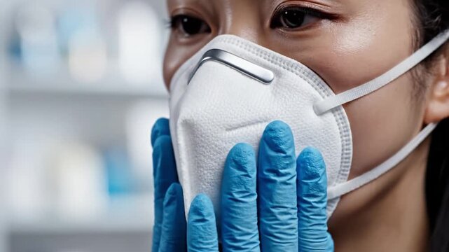 Close up Asian woman wearing white N95 respirator mask and blue nitrile gloves. Professional medical setting focusing on safety and hygiene. Use for healthcare or pandemic awareness.