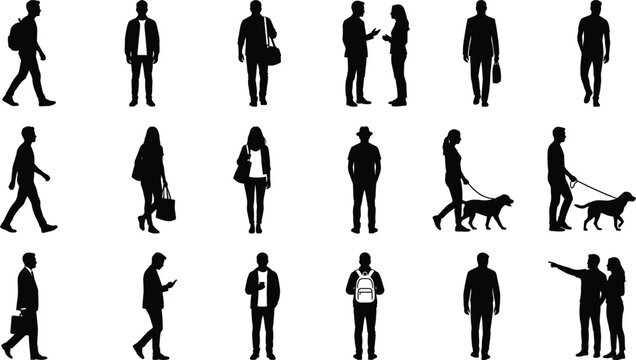Silhouette collection of people walking, standing, pointing, and interacting with dogs and bags representing everyday urban lifestyle and communication scenes