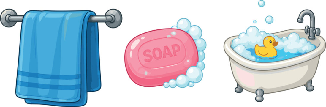 Bathroom Cleaning and Bath Time Icon Set with Blue Towel Soap Bathtub Bubbles and Rubber Duck IllustrationBathroom Cleaning and Bath Time Icon Set with Blue Towel Soap Bathtub Bubbles and Rubber Duck 