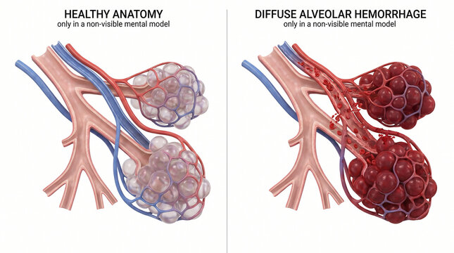Diffuse Alveolar Hemorrhage and Healthy Lung Alveoli Cross Section 3D Medical Illustration