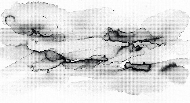 Abstract ink splatter halftone texture design featuring distressed liquid drops with stippled dot pattern on transparent base.