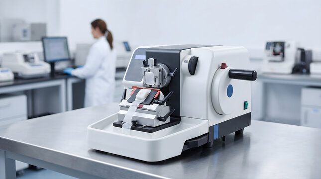 Advanced medical laboratory equipment with a tissue processor on a stainless steel table and scientist.