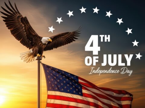 Bald eagle flying over american flag on independence day