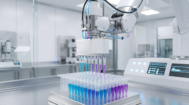 Automated robotic arm using multi channel pipette for liquid handling in modern clinical laboratory research setting.