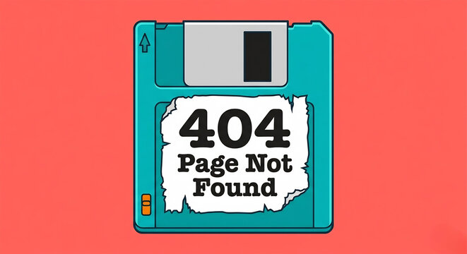 Retro blue floppy disk with 404 page not found error label