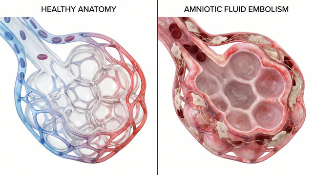 Amniotic Fluid Embolism and Healthy Alveoli Anatomy 3D Medical Illustration