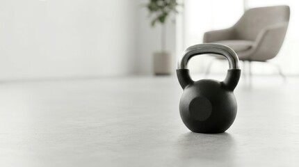 Obraz premium Black kettlebell on polished floor in modern office lounge
