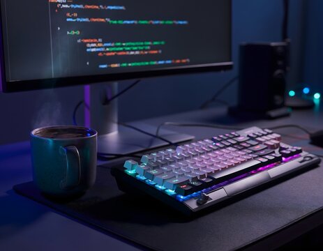 Modern software developer coding workspace featuring a mechanical keyboard with glowing RGB backlit lighting next to a ceramic coffee mug and computer screen displaying programming code lines