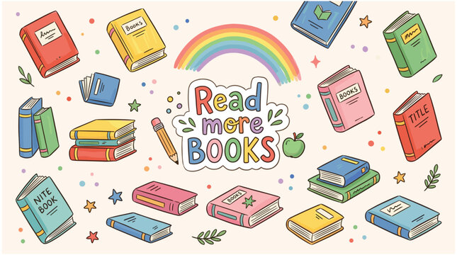 Colorful books and rainbow illustration with read more books text