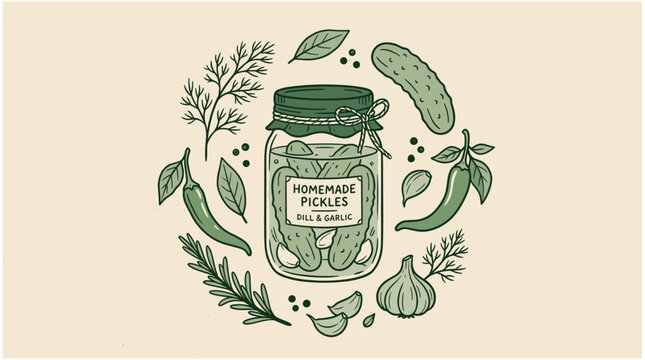 Pickled vegetables illustration, jar with herbs and spices, nobody, line art