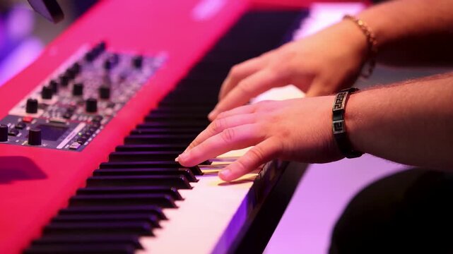 Musician hands playing electronic synthesizer keyboard on stage close up