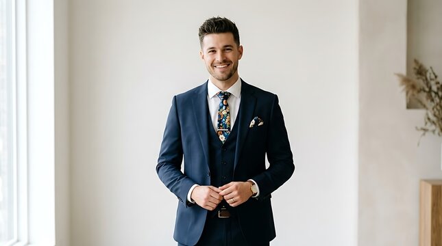 Portrait of a smiling groom in a navy suit