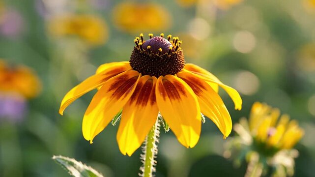 Macro view of a Rudbeckia hirta black-eyed Susan flower in a sunny garden, showing detailed yellow and maroon petals, a dark brown seed head, and a hairy green stem in daylight.